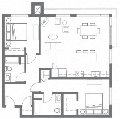 Floor plan for 2 beds, 2 baths, 1124 sqft